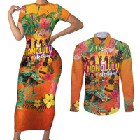 Hawaiian Honolulu Festival Couples Matching Short Sleeve Bodycon Dress and Long Sleeve Button Shirt Hawaiian Identity - Hula Dancer and Ukulele Tropical Plants Style LT03 Orange - Polynesian Pride