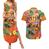 Hawaiian Honolulu Festival Couples Matching Summer Maxi Dress and Hawaiian Shirt Hawaiian Identity - Hula Dancer and Ukulele Tropical Plants Style LT03 Orange - Polynesian Pride