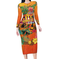 Hawaiian Honolulu Festival Family Matching Long Sleeve Bodycon Dress and Hawaiian Shirt Hawaiian Identity - Hula Dancer and Ukulele Tropical Plants Style LT03 Mom's Dress Orange - Polynesian Pride