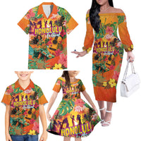 Hawaiian Honolulu Festival Family Matching Off The Shoulder Long Sleeve Dress and Hawaiian Shirt Hawaiian Identity - Hula Dancer and Ukulele Tropical Plants Style LT03 Orange - Polynesian Pride