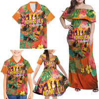 Hawaiian Honolulu Festival Family Matching Off Shoulder Maxi Dress and Hawaiian Shirt Hawaiian Identity - Hula Dancer and Ukulele Tropical Plants Style LT03 - Polynesian Pride