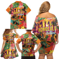 Hawaiian Honolulu Festival Family Matching Off Shoulder Short Dress and Hawaiian Shirt Hawaiian Identity - Hula Dancer and Ukulele Tropical Plants Style LT03 - Polynesian Pride