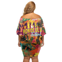 Hawaiian Honolulu Festival Family Matching Off Shoulder Short Dress and Hawaiian Shirt Hawaiian Identity - Hula Dancer and Ukulele Tropical Plants Style LT03 - Polynesian Pride