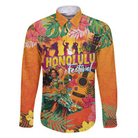 Hawaiian Honolulu Festival Family Matching Short Sleeve Bodycon Dress and Hawaiian Shirt Hawaiian Identity - Hula Dancer and Ukulele Tropical Plants Style LT03 Dad's Shirt - Long Sleeve Orange - Polynesian Pride