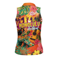 Hawaiian Honolulu Festival Women Sleeveless Polo Shirt Hawaiian Identity - Hula Dancer and Ukulele Tropical Plants Style LT03 - Polynesian Pride