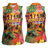 Hawaiian Honolulu Festival Women Sleeveless Polo Shirt Hawaiian Identity - Hula Dancer and Ukulele Tropical Plants Style LT03 - Polynesian Pride