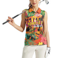 Hawaiian Honolulu Festival Women Sleeveless Polo Shirt Hawaiian Identity - Hula Dancer and Ukulele Tropical Plants Style LT03 - Polynesian Pride