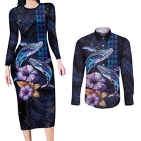 Hawaiian Whales Love Couple Couples Matching Long Sleeve Bodycon Dress and Long Sleeve Button Shirt Hibiscus and Kakau Art Tattoo Night Sky Vibe LT03 Navy - Polynesian Pride