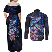 Hawaiian Whales Love Couple Couples Matching Off Shoulder Maxi Dress and Long Sleeve Button Shirt Hibiscus and Kakau Art Tattoo Night Sky Vibe LT03 - Polynesian Pride