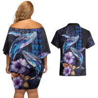 Hawaiian Whales Love Couple Couples Matching Off Shoulder Short Dress and Hawaiian Shirt Hibiscus and Kakau Art Tattoo Night Sky Vibe LT03 - Polynesian Pride