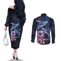Hawaiian Whales Love Couple Couples Matching Off The Shoulder Long Sleeve Dress and Long Sleeve Button Shirt Hibiscus and Kakau Art Tattoo Night Sky Vibe LT03 - Polynesian Pride