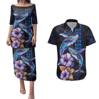 Hawaiian Whales Love Couple Couples Matching Puletasi and Hawaiian Shirt Hibiscus and Kakau Art Tattoo Night Sky Vibe LT03 Navy - Polynesian Pride