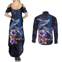 Hawaiian Whales Love Couple Couples Matching Summer Maxi Dress and Long Sleeve Button Shirt Hibiscus and Kakau Art Tattoo Night Sky Vibe LT03 - Polynesian Pride