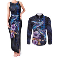 Hawaiian Whales Love Couple Couples Matching Tank Maxi Dress and Long Sleeve Button Shirt Hibiscus and Kakau Art Tattoo Night Sky Vibe LT03 Navy - Polynesian Pride