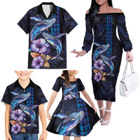 Hawaiian Whales Love Couple Family Matching Off The Shoulder Long Sleeve Dress and Hawaiian Shirt Hibiscus and Kakau Art Tattoo Night Sky Vibe LT03 Navy - Polynesian Pride