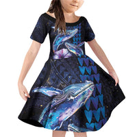 Hawaiian Whales Love Couple Family Matching Off Shoulder Short Dress and Hawaiian Shirt Hibiscus and Kakau Art Tattoo Night Sky Vibe LT03 Daughter's Dress Navy - Polynesian Pride