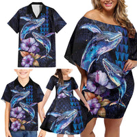 Hawaiian Whales Love Couple Family Matching Off Shoulder Short Dress and Hawaiian Shirt Hibiscus and Kakau Art Tattoo Night Sky Vibe LT03 - Polynesian Pride