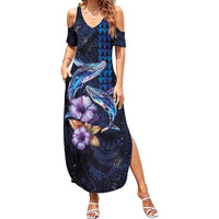 Hawaiian Whales Love Couple Family Matching Summer Maxi Dress and Hawaiian Shirt Hibiscus and Kakau Art Tattoo Night Sky Vibe LT03 Mom's Dress Navy - Polynesian Pride