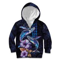 Hawaiian Whales Love Couple Kid Hoodie Hibiscus and Kakau Art Tattoo Night Sky Vibe LT03 Zip Hoodie Navy - Polynesian Pride