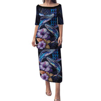 Hawaiian Whales Love Couple Puletasi Hibiscus and Kakau Art Tattoo Night Sky Vibe LT03 Long Dress Navy - Polynesian Pride
