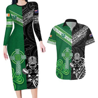 New Zealand And Ireland Rugby Custom Couples Matching Long Sleeve Bodycon Dress and Hawaiian Shirt Maori Tiki With Shamrock LT05 Black - Polynesian Pride