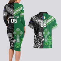 New Zealand And Ireland Rugby Custom Couples Matching Long Sleeve Bodycon Dress and Hawaiian Shirt Maori Tiki With Shamrock LT05 - Polynesian Pride