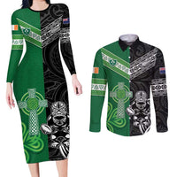 New Zealand And Ireland Rugby Custom Couples Matching Long Sleeve Bodycon Dress and Long Sleeve Button Shirt Maori Tiki With Shamrock LT05 Black - Polynesian Pride