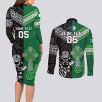 New Zealand And Ireland Rugby Custom Couples Matching Long Sleeve Bodycon Dress and Long Sleeve Button Shirt Maori Tiki With Shamrock LT05 - Polynesian Pride
