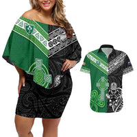 New Zealand And Ireland Rugby Custom Couples Matching Off Shoulder Short Dress and Hawaiian Shirt Maori Tiki With Shamrock LT05 Black - Polynesian Pride