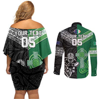New Zealand And Ireland Rugby Custom Couples Matching Off Shoulder Short Dress and Long Sleeve Button Shirt Maori Tiki With Shamrock LT05 - Polynesian Pride