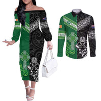 New Zealand And Ireland Rugby Custom Couples Matching Off The Shoulder Long Sleeve Dress and Long Sleeve Button Shirt Maori Tiki With Shamrock LT05 Black - Polynesian Pride
