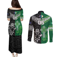 New Zealand And Ireland Rugby Custom Couples Matching Puletasi and Long Sleeve Button Shirt Maori Tiki With Shamrock LT05 - Polynesian Pride