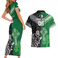 New Zealand And Ireland Rugby Custom Couples Matching Short Sleeve Bodycon Dress and Hawaiian Shirt Maori Tiki With Shamrock LT05 - Polynesian Pride
