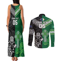 New Zealand And Ireland Rugby Custom Couples Matching Tank Maxi Dress and Long Sleeve Button Shirt Maori Tiki With Shamrock LT05 - Polynesian Pride