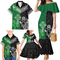 New Zealand And Ireland Rugby Custom Family Matching Mermaid Dress and Hawaiian Shirt Maori Tiki With Shamrock LT05 - Polynesian Pride