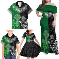 New Zealand And Ireland Rugby Custom Family Matching Off Shoulder Maxi Dress and Hawaiian Shirt Maori Tiki With Shamrock LT05 - Polynesian Pride