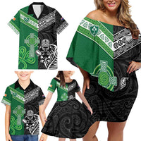 New Zealand And Ireland Rugby Custom Family Matching Off Shoulder Short Dress and Hawaiian Shirt Maori Tiki With Shamrock LT05 - Polynesian Pride