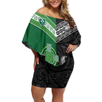 New Zealand And Ireland Rugby Custom Family Matching Off Shoulder Short Dress and Hawaiian Shirt Maori Tiki With Shamrock LT05 Mom's Dress Black - Polynesian Pride