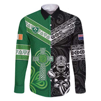 New Zealand And Ireland Rugby Custom Family Matching Puletasi and Hawaiian Shirt Maori Tiki With Shamrock LT05 Dad's Shirt - Long Sleeve Black - Polynesian Pride