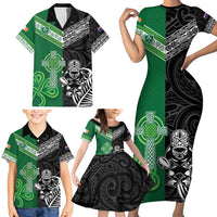 New Zealand And Ireland Rugby Custom Family Matching Short Sleeve Bodycon Dress and Hawaiian Shirt Maori Tiki With Shamrock LT05 - Polynesian Pride