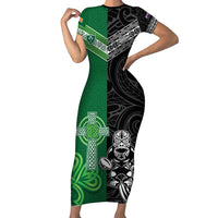 New Zealand And Ireland Rugby Custom Family Matching Short Sleeve Bodycon Dress and Hawaiian Shirt Maori Tiki With Shamrock LT05 Mom's Dress Black - Polynesian Pride