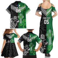 New Zealand And Ireland Rugby Custom Family Matching Summer Maxi Dress and Hawaiian Shirt Maori Tiki With Shamrock LT05 - Polynesian Pride