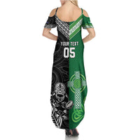 New Zealand And Ireland Rugby Custom Family Matching Summer Maxi Dress and Hawaiian Shirt Maori Tiki With Shamrock LT05 - Polynesian Pride