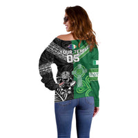 New Zealand And Ireland Rugby Custom Off Shoulder Sweater Maori Tiki With Shamrock