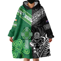 New Zealand And Ireland Rugby Custom Wearable Blanket Hoodie Maori Tiki With Shamrock