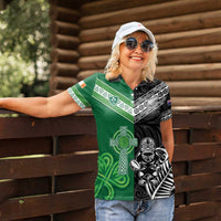 New Zealand And Ireland Rugby Custom Women Polo Shirt Maori Tiki With Shamrock