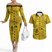 Papua New Guinea Heritage Motif Couples Matching Off The Shoulder Long Sleeve Dress and Hawaiian Shirt Yellow Version LT05 Yellow - Polynesian Pride