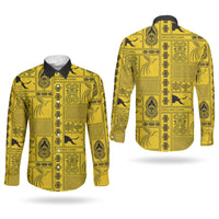 Papua New Guinea Heritage Motif Couples Matching Puletasi and Long Sleeve Button Shirt Yellow Version LT05 - Polynesian Pride