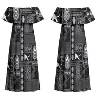 Papua New Guinea Heritage Motif Couples Matching Off Shoulder Maxi Dress and Long Sleeve Button Shirt Black Version LT05 - Polynesian Pride