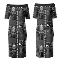 Papua New Guinea Heritage Motif Couples Matching Puletasi and Long Sleeve Button Shirt Black Version LT05 - Polynesian Pride